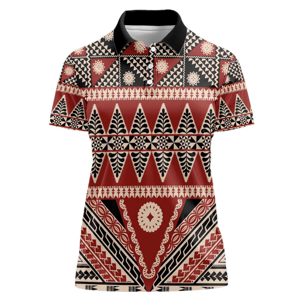 Vintage Bula Fiji Women Polo Shirt Red Tapa Masi Motif LT9 Female Red - Polynesian Pride