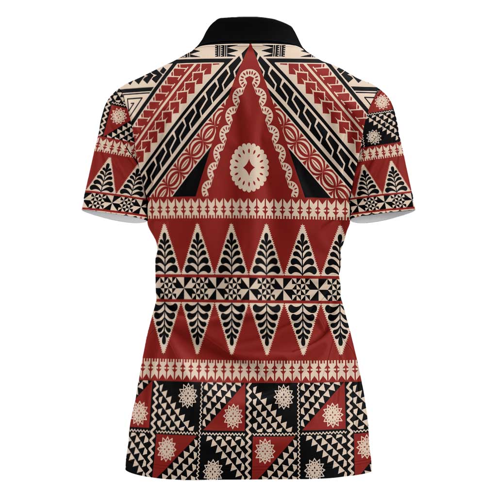 Vintage Bula Fiji Women Polo Shirt Red Tapa Masi Motif LT9 - Polynesian Pride