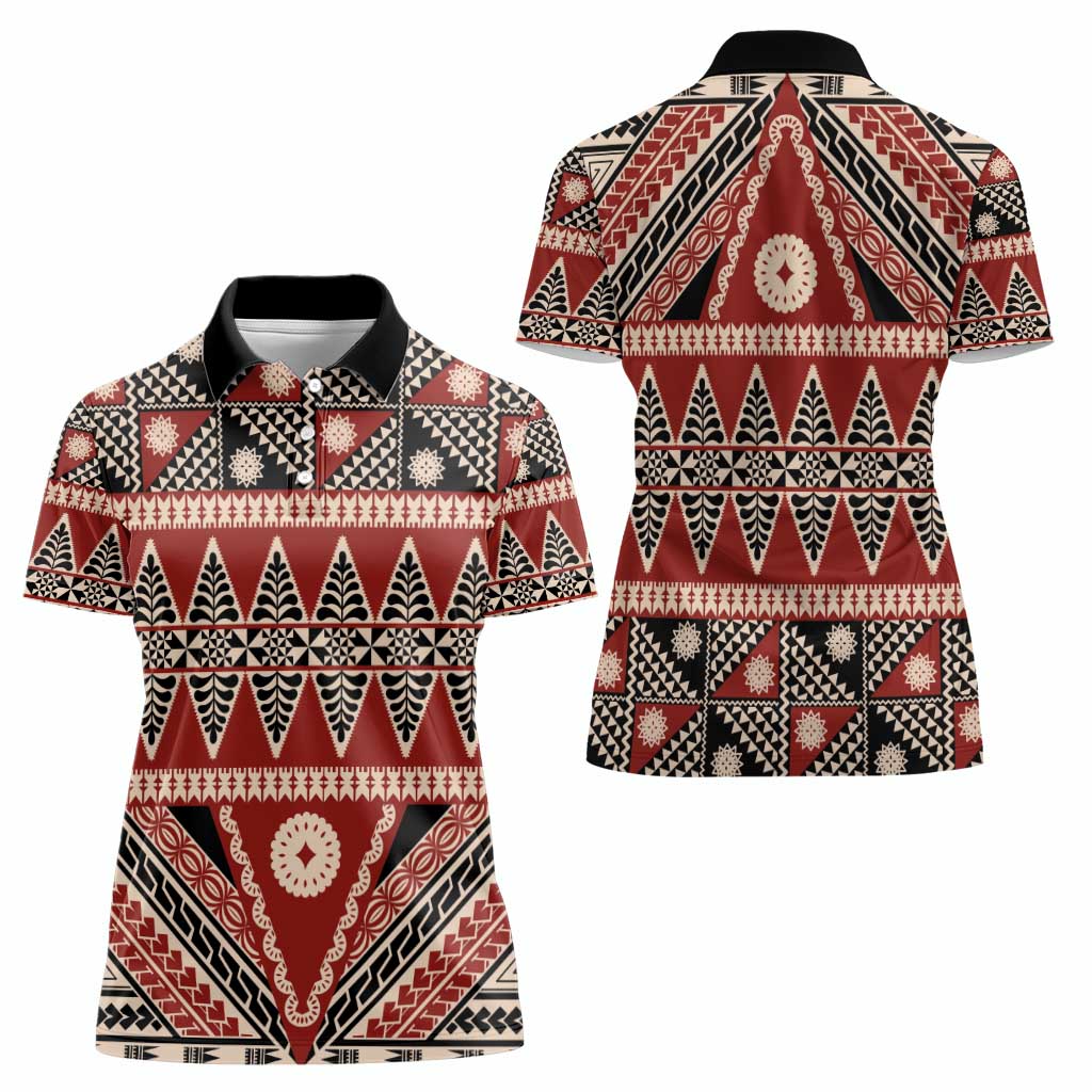 Vintage Bula Fiji Women Polo Shirt Red Tapa Masi Motif LT9 - Polynesian Pride