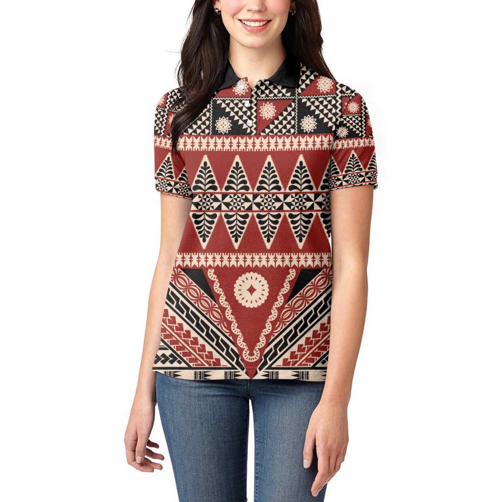 Vintage Bula Fiji Women Polo Shirt Red Tapa Masi Motif LT9 - Polynesian Pride