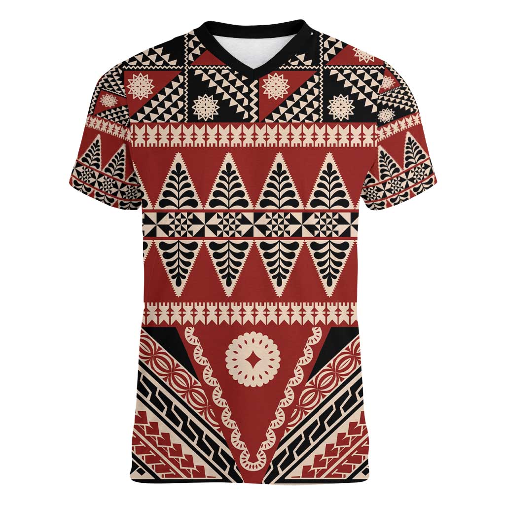 Vintage Bula Fiji Women V-Neck T-Shirt Red Tapa Masi Motif LT9 Female Red - Polynesian Pride