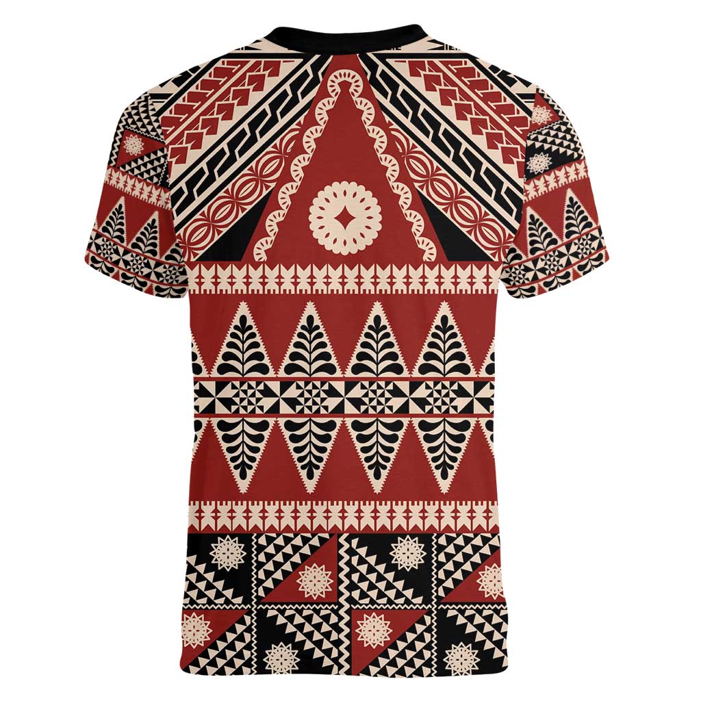 Vintage Bula Fiji Women V-Neck T-Shirt Red Tapa Masi Motif LT9 - Polynesian Pride