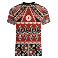 Vintage Bula Fiji Women V-Neck T-Shirt Red Tapa Masi Motif LT9 - Polynesian Pride