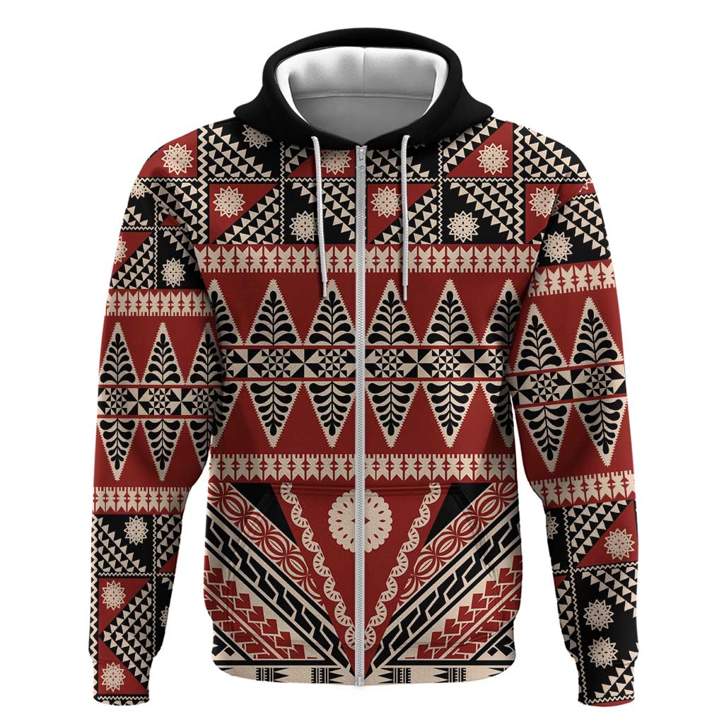 Vintage Bula Fiji Zip Hoodie Red Tapa Masi Motif