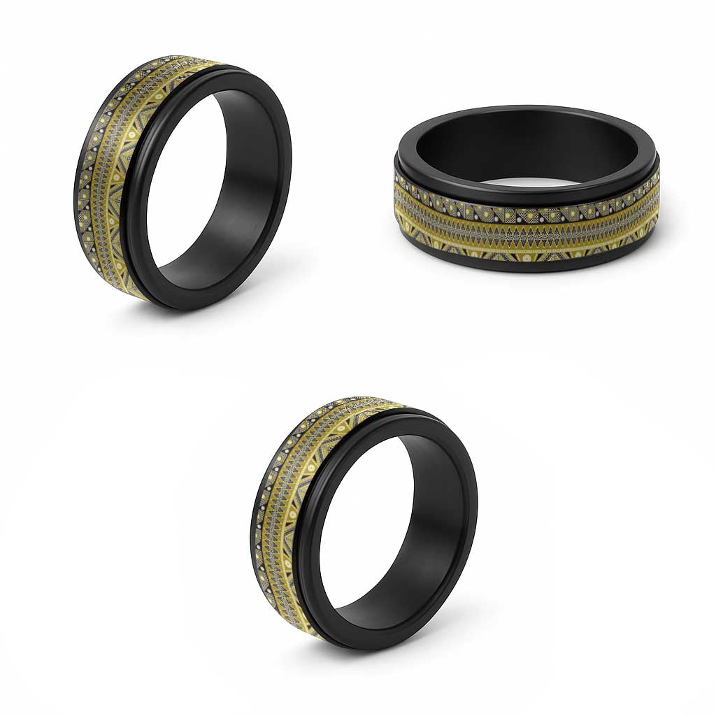 Vintage Bula Fiji Spinner Ring Yellow Tapa Motif Fiji Masi Tribal LT9 - Polynesian Pride