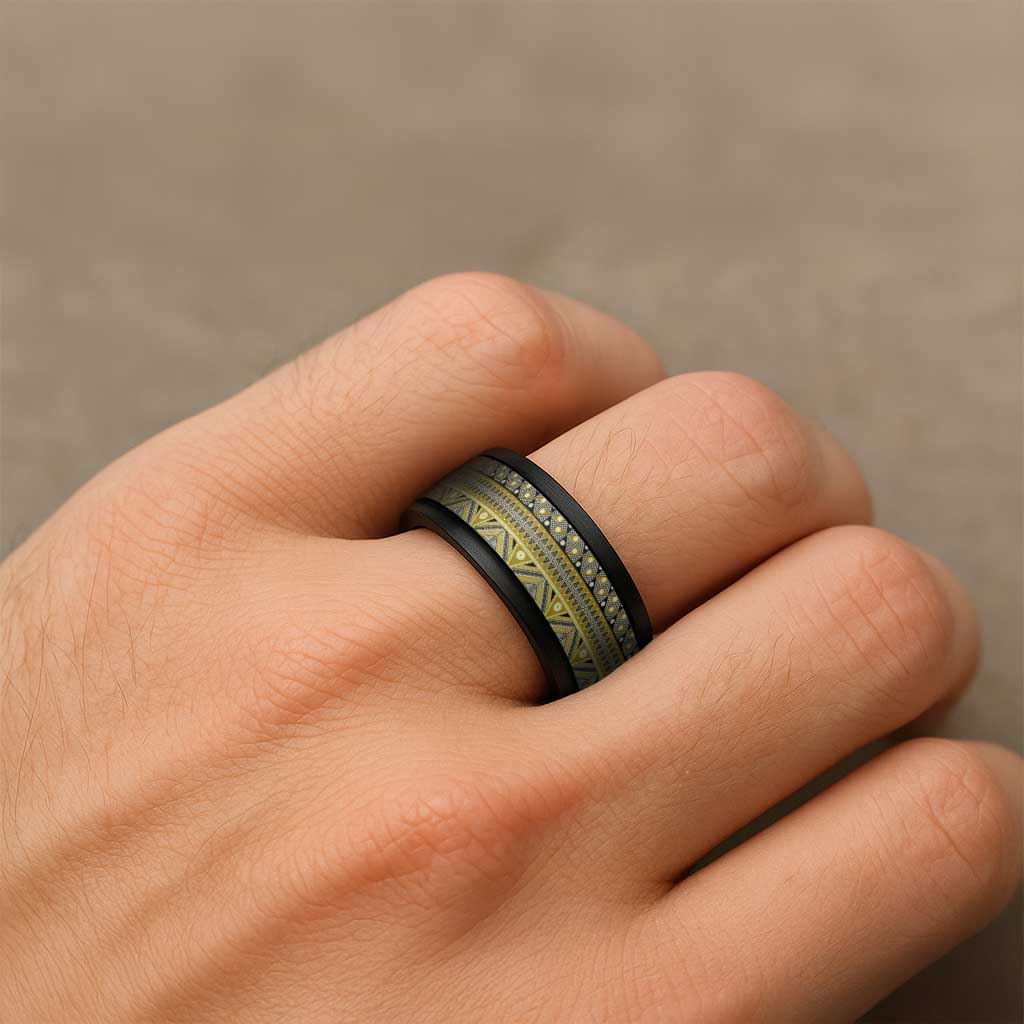 Vintage Bula Fiji Spinner Ring Yellow Tapa Motif Fiji Masi Tribal LT9 - Polynesian Pride