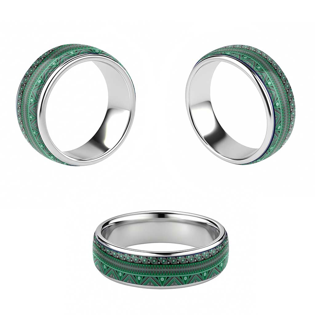 Vintage Bula Fiji Classic Ring Green Tapa Motif Fiji Masi Tribal LT9 - Polynesian Pride