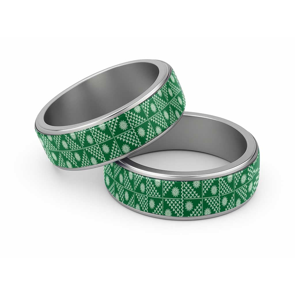 Vintage Bula Fiji Classic Ring Green Tapa Motif Traditional Island Masi - Polynesian Pride