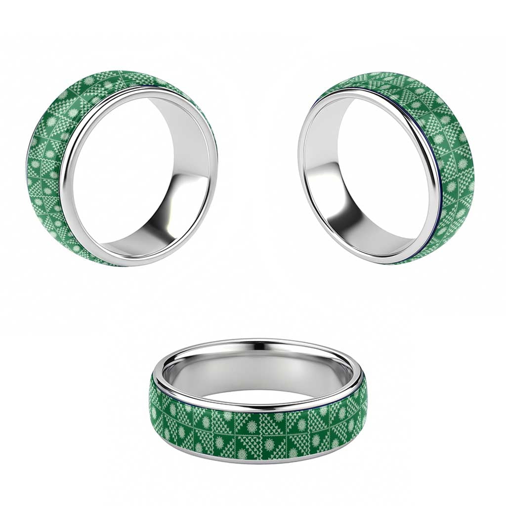 Vintage Bula Fiji Classic Ring Green Tapa Motif Traditional Island Masi - Polynesian Pride