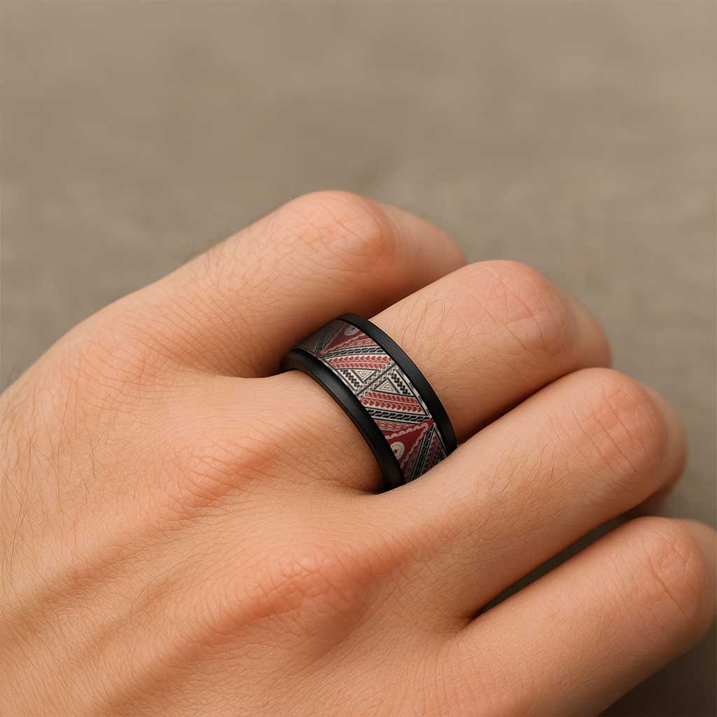Vintage Bula Fiji Spinner Ring Red Tapa Motif Fijian Tribal Masi LT9 - Polynesian Pride