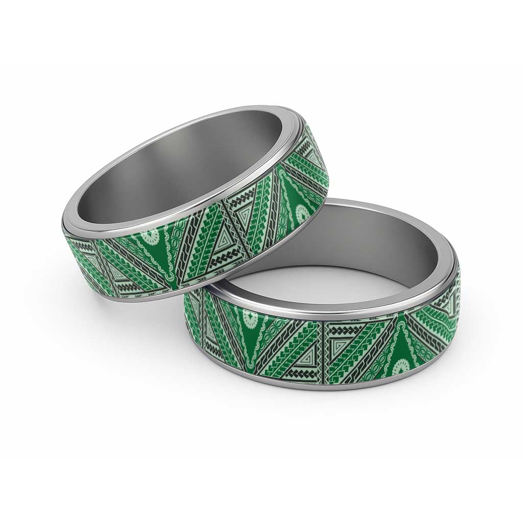 Vintage Bula Fiji Classic Ring Green Tapa Motif Fijian Tribal Masi LT9 Sliver Green - Polynesian Pride