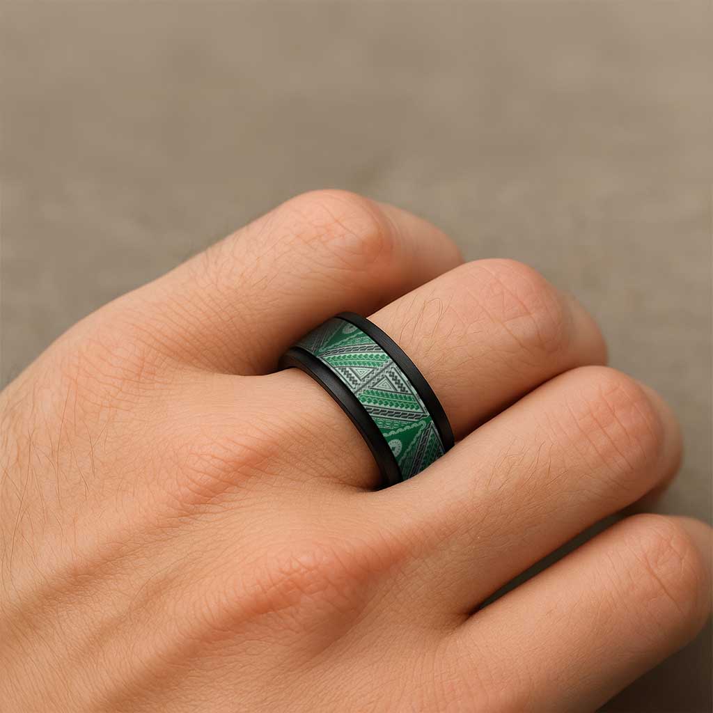 Vintage Bula Fiji Spinner Ring Green Tapa Motif Fijian Tribal Masi LT9 - Polynesian Pride