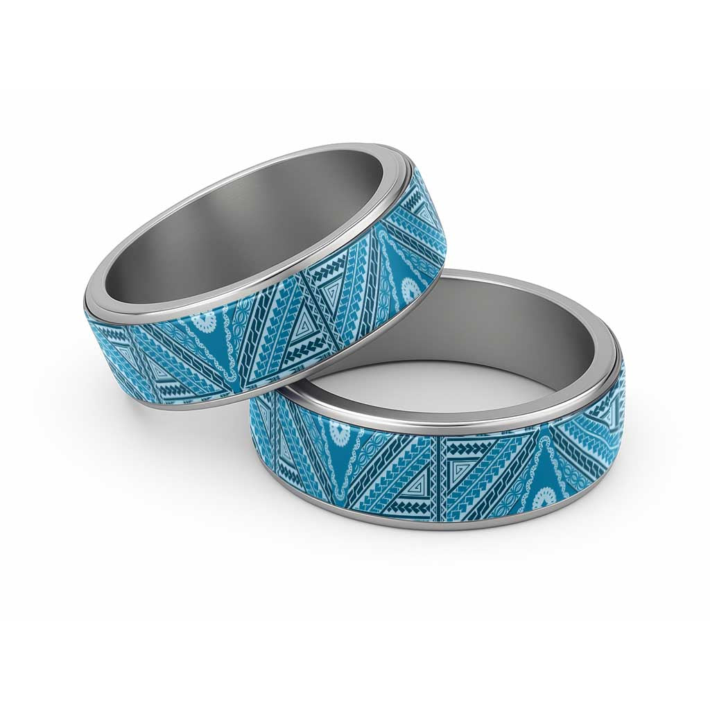 Vintage Bula Fiji Classic Ring Blue Tapa Motif Fijian Tribal Masi LT9 Sliver Blue - Polynesian Pride