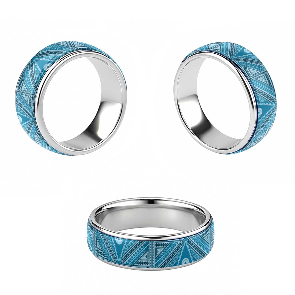 Vintage Bula Fiji Classic Ring Blue Tapa Motif Fijian Tribal Masi LT9 - Polynesian Pride