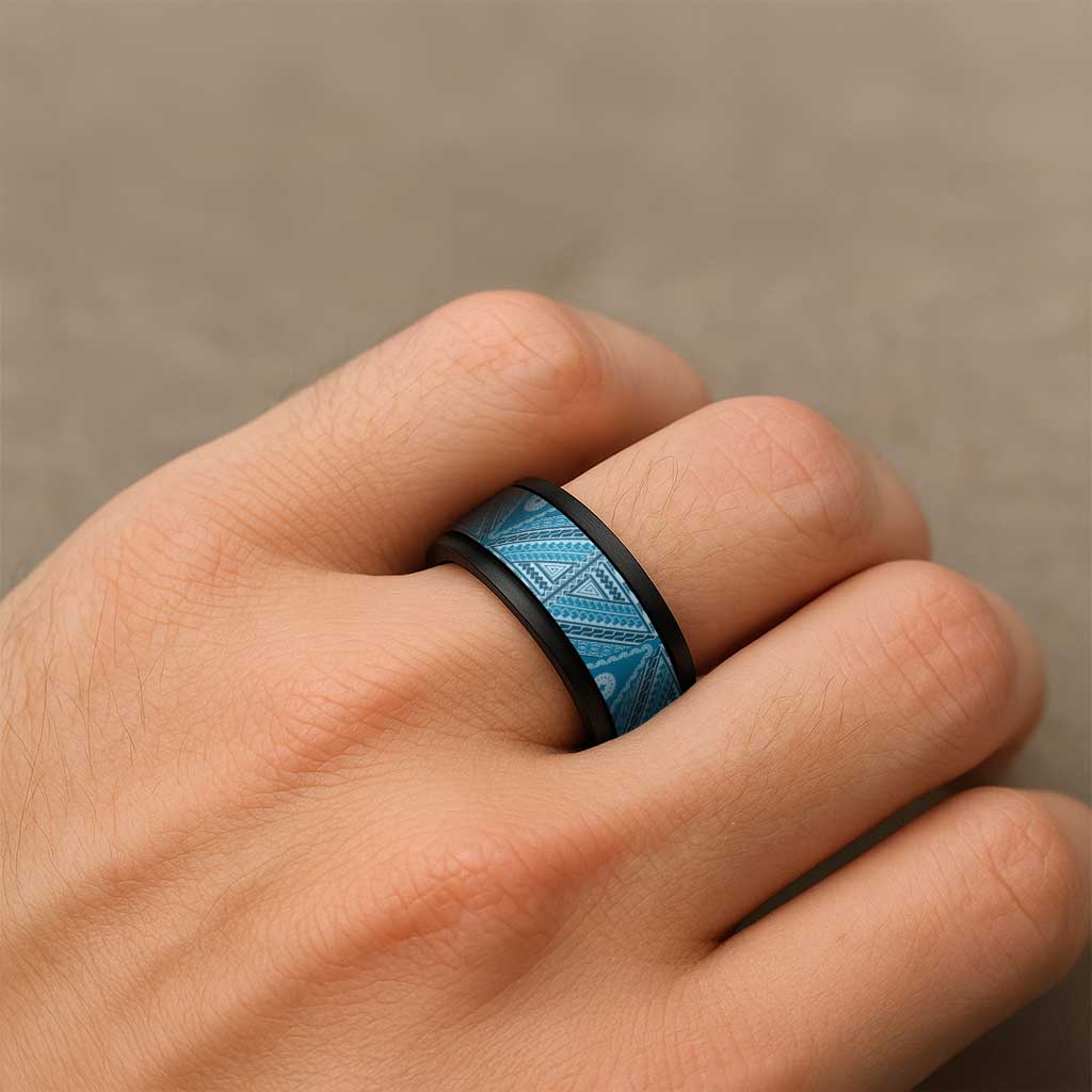 Vintage Bula Fiji Spinner Ring Blue Tapa Motif Fijian Tribal Masi LT9 - Polynesian Pride