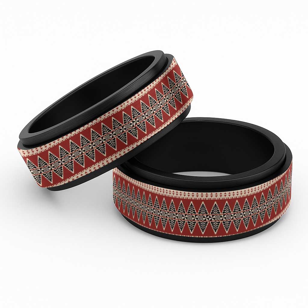 Vintage Bula Fiji Spinner Ring Red Tapa Motif Fiji Traditional Masi Pattern - Polynesian Pride