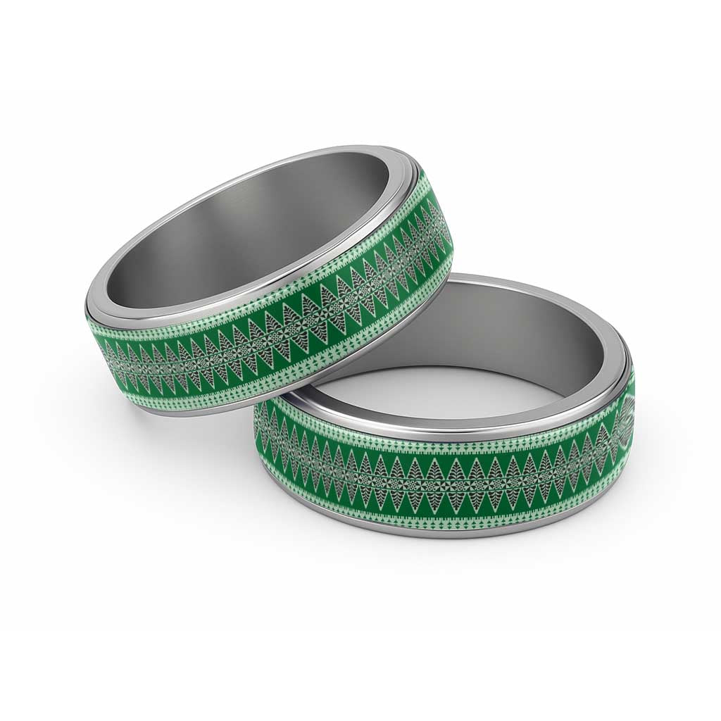 Vintage Bula Fiji Classic Ring Green Tapa Motif Fiji Traditional Masi Pattern - Polynesian Pride