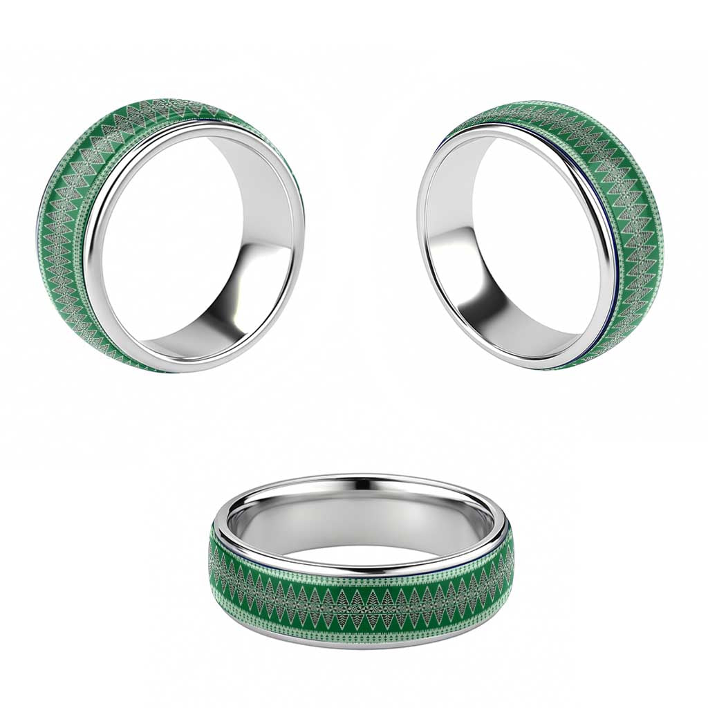Vintage Bula Fiji Classic Ring Green Tapa Motif Fiji Traditional Masi Pattern - Polynesian Pride