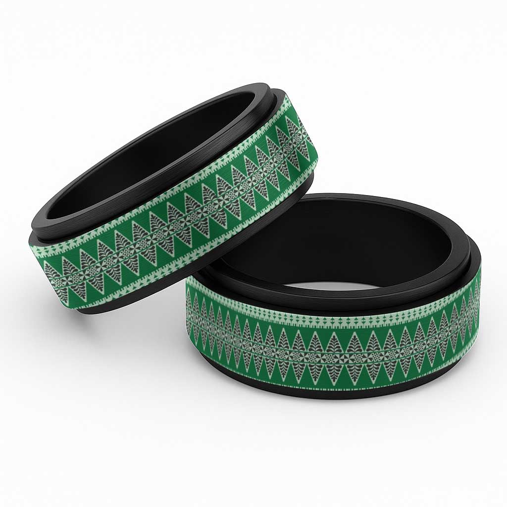 Vintage Bula Fiji Spinner Ring Green Tapa Motif Fiji Traditional Masi Pattern - Polynesian Pride
