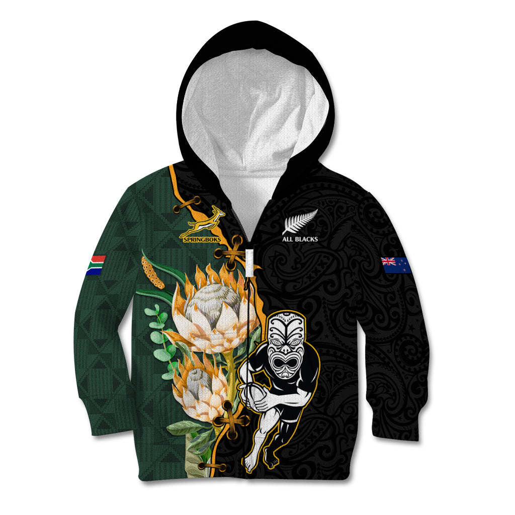 Custom South Africa Protea and New Zealand Kid Hoodie Go All Black-Springboks Rugby with Kente And Maori LT9 - Polynesian Pride