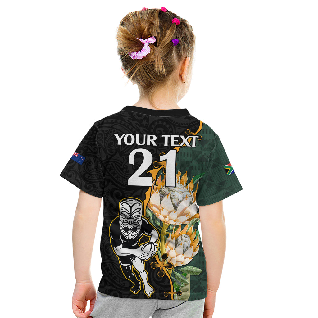Custom South Africa Protea and New Zealand Kid T Shirt Go All Black-Springboks Rugby with Kente And Maori LT9 - Polynesian Pride