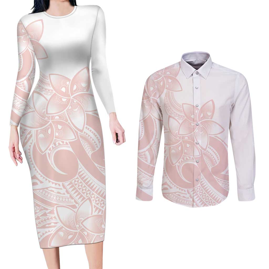 Polynesian Tribal Plumeria Lotu Tamaiti Couples Matching Long Sleeve Bodycon Dress and Long Sleeve Button Shirt Pastel Blush LT9 Blush - Polynesian Pride