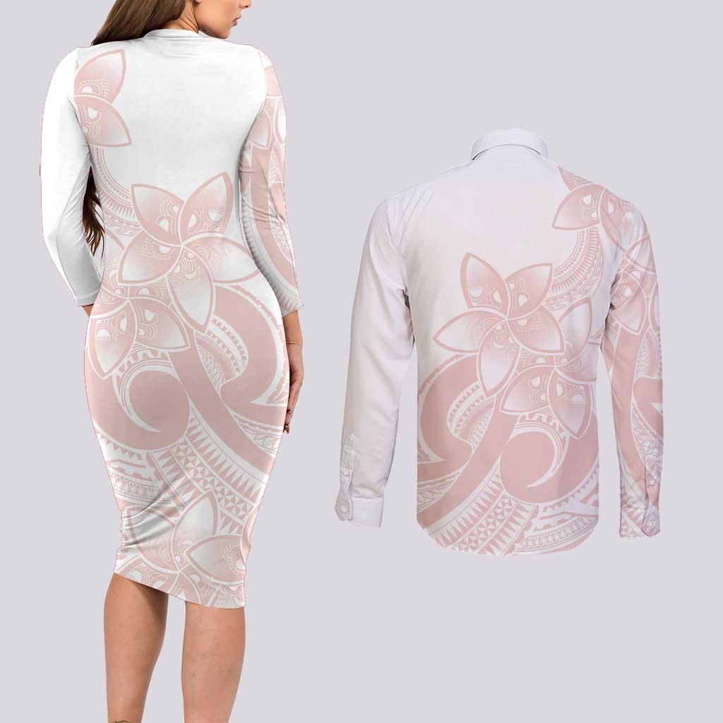 Polynesian Tribal Plumeria Lotu Tamaiti Couples Matching Long Sleeve Bodycon Dress and Long Sleeve Button Shirt Pastel Blush LT9 - Polynesian Pride