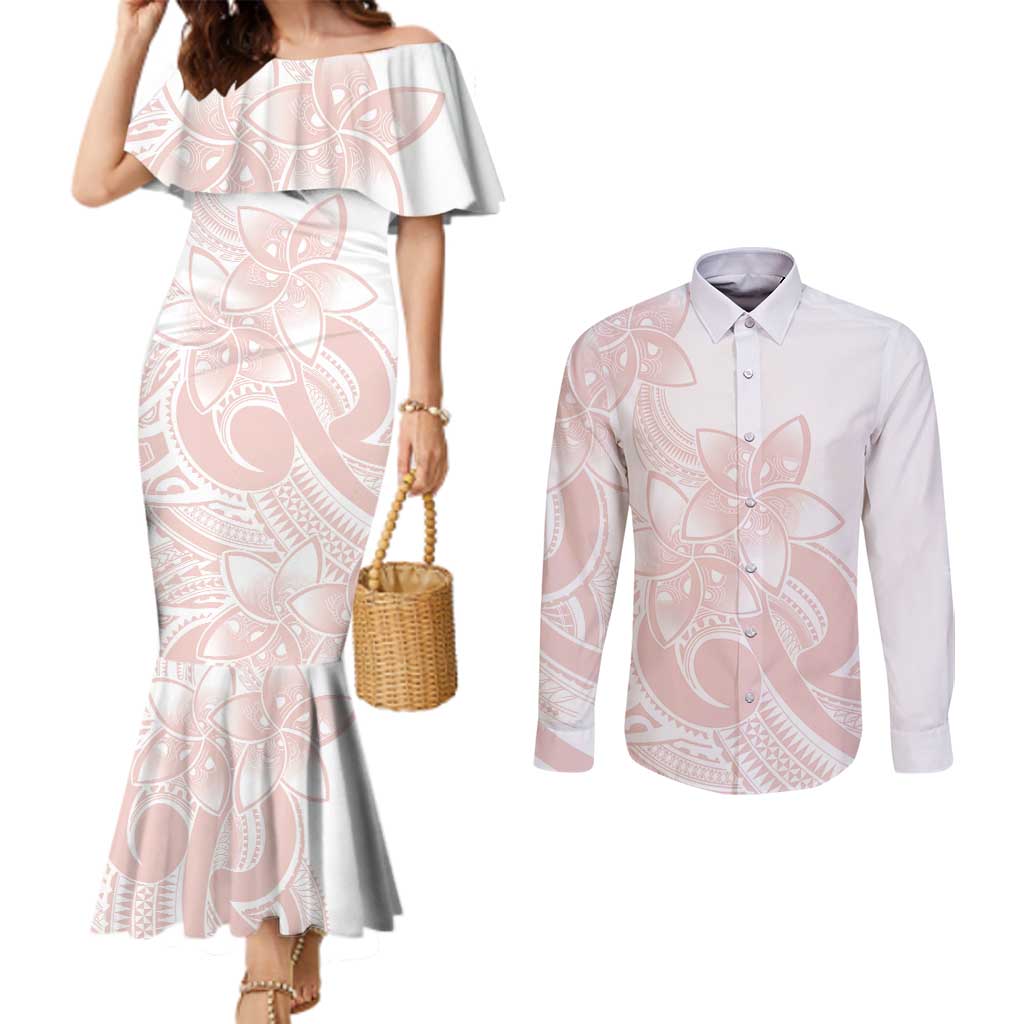 Polynesian Tribal Plumeria Lotu Tamaiti Couples Matching Mermaid Dress and Long Sleeve Button Shirt Pastel Blush LT9 Blush - Polynesian Pride