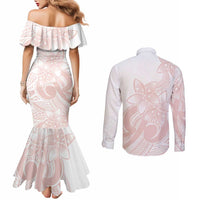 Polynesian Tribal Plumeria Lotu Tamaiti Couples Matching Mermaid Dress and Long Sleeve Button Shirt Pastel Blush LT9 - Polynesian Pride