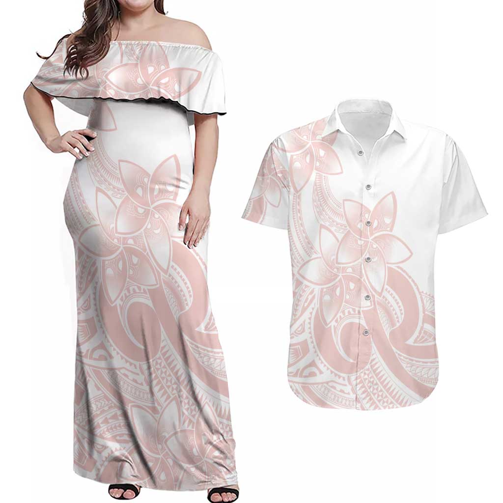 Polynesian Tribal Plumeria Lotu Tamaiti Couples Matching Off Shoulder Maxi Dress and Hawaiian Shirt Pastel Blush LT9 Blush - Polynesian Pride