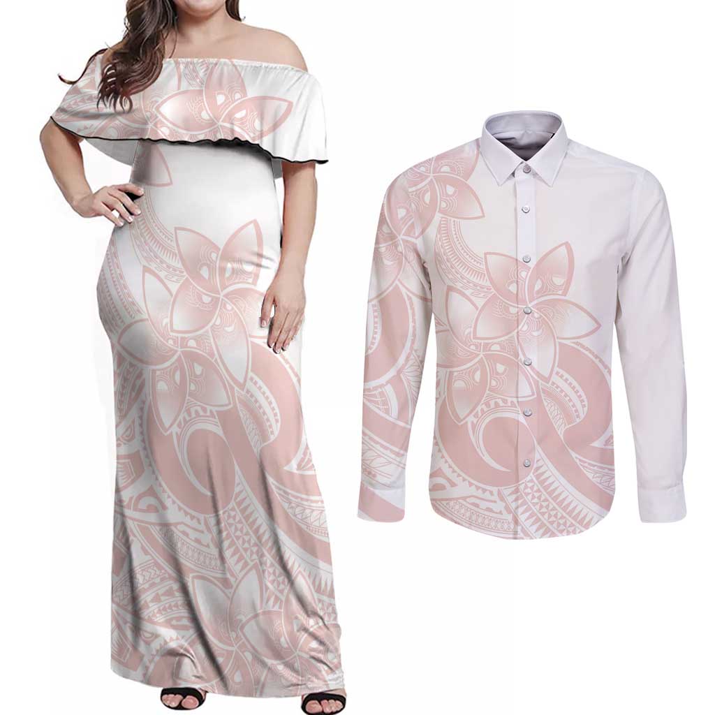 Polynesian Tribal Plumeria Lotu Tamaiti Couples Matching Off Shoulder Maxi Dress and Long Sleeve Button Shirt Pastel Blush LT9 Blush - Polynesian Pride