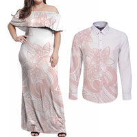 Polynesian Tribal Plumeria Lotu Tamaiti Couples Matching Off Shoulder Maxi Dress and Long Sleeve Button Shirt Pastel Blush LT9 Blush - Polynesian Pride
