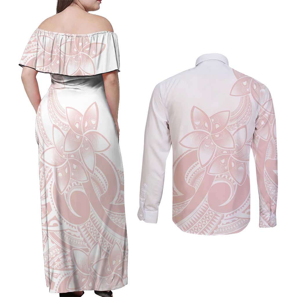 Polynesian Tribal Plumeria Lotu Tamaiti Couples Matching Off Shoulder Maxi Dress and Long Sleeve Button Shirt Pastel Blush LT9 - Polynesian Pride