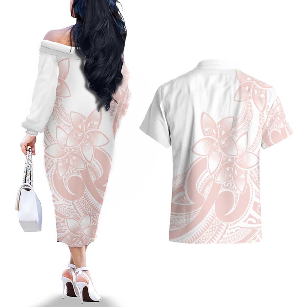 Polynesian Tribal Plumeria Lotu Tamaiti Couples Matching Off The Shoulder Long Sleeve Dress and Hawaiian Shirt Pastel Blush LT9 - Polynesian Pride