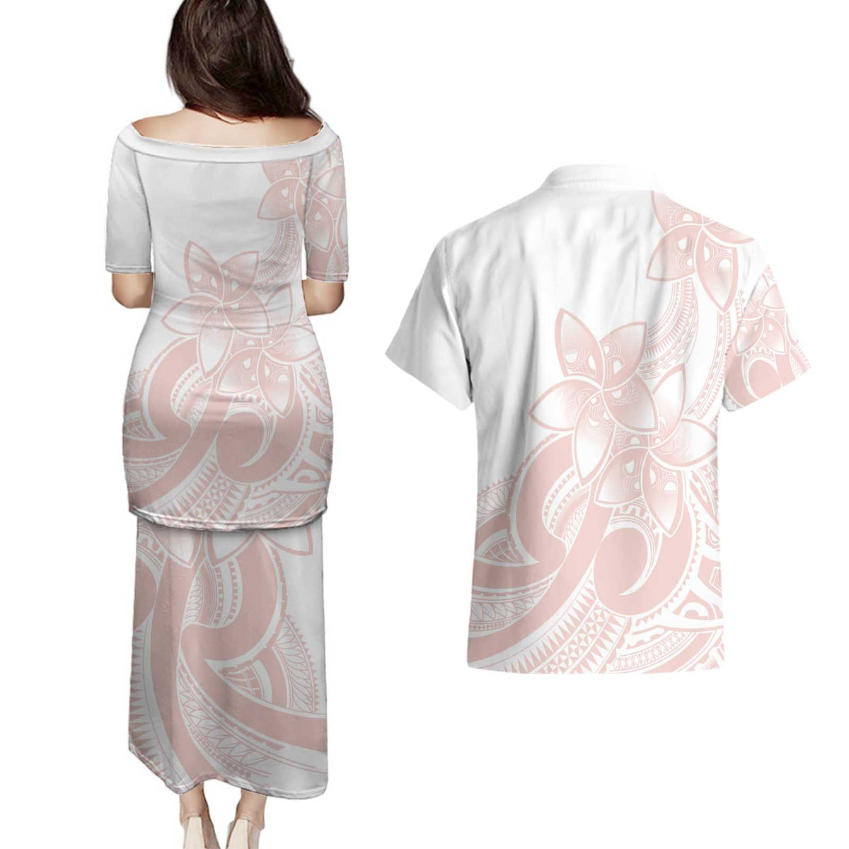 Polynesian Tribal Plumeria Lotu Tamaiti Couples Matching Puletasi and Hawaiian Shirt Pastel Blush LT9 - Polynesian Pride