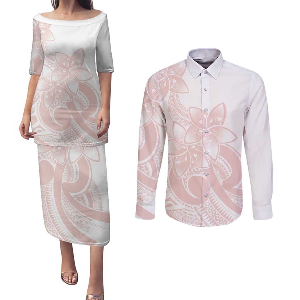 Polynesian Tribal Plumeria Lotu Tamaiti Couples Matching Puletasi and Long Sleeve Button Shirt Pastel Blush LT9 Blush - Polynesian Pride