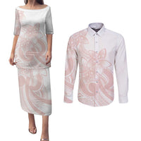 Polynesian Tribal Plumeria Lotu Tamaiti Couples Matching Puletasi and Long Sleeve Button Shirt Pastel Blush LT9 Blush - Polynesian Pride