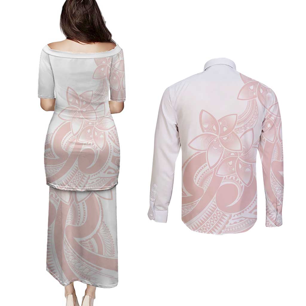 Polynesian Tribal Plumeria Lotu Tamaiti Couples Matching Puletasi and Long Sleeve Button Shirt Pastel Blush LT9 - Polynesian Pride