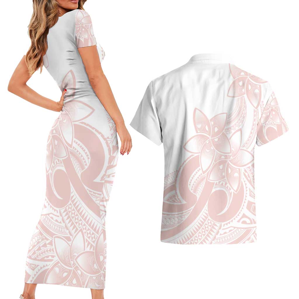 Polynesian Tribal Plumeria Lotu Tamaiti Couples Matching Short Sleeve Bodycon Dress and Hawaiian Shirt Pastel Blush LT9 - Polynesian Pride