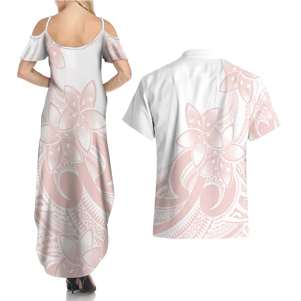 Polynesian Tribal Plumeria Lotu Tamaiti Couples Matching Summer Maxi Dress and Hawaiian Shirt Pastel Blush LT9 - Polynesian Pride
