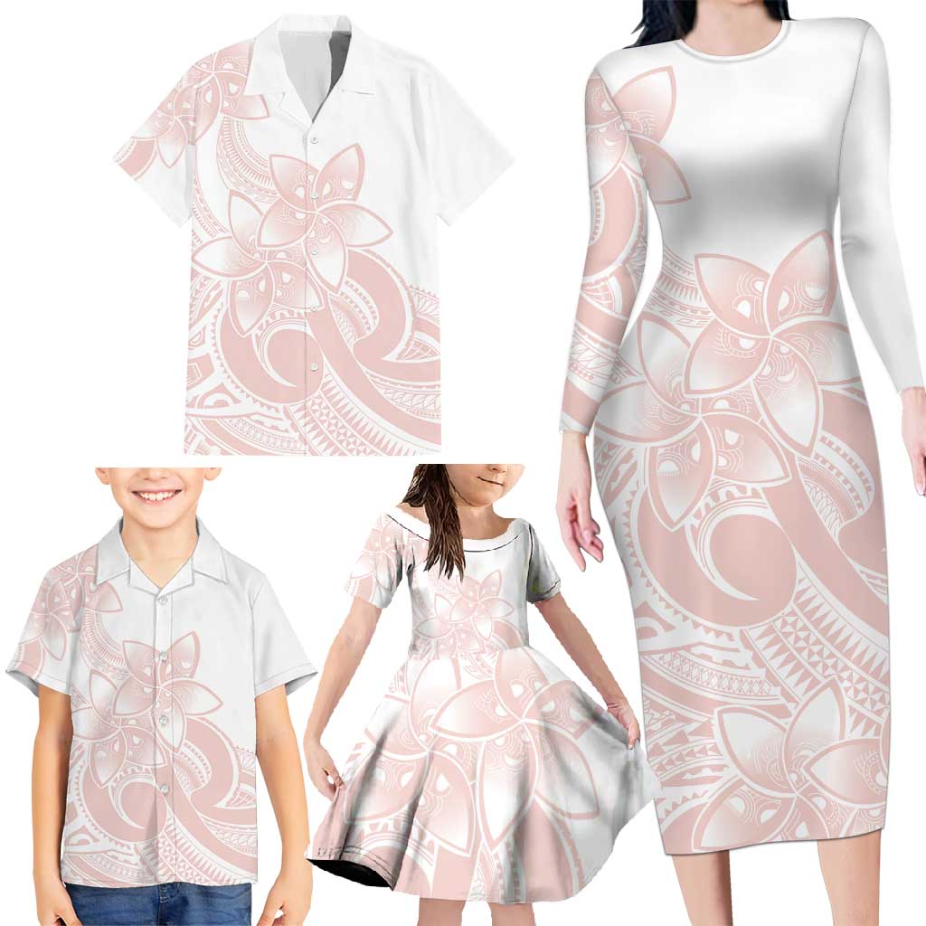 Polynesian Tribal Plumeria Lotu Tamaiti Family Matching Long Sleeve Bodycon Dress and Hawaiian Shirt Pastel Blush LT9 - Polynesian Pride