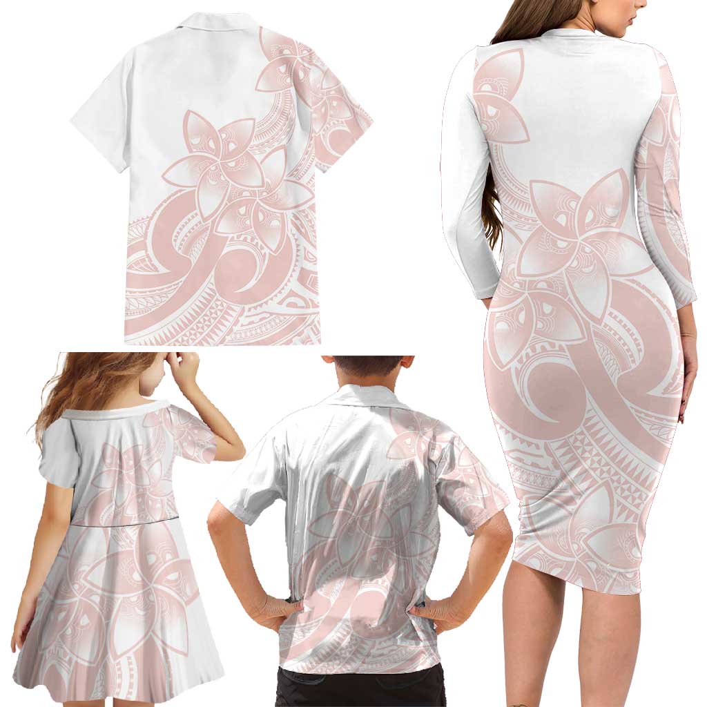 Polynesian Tribal Plumeria Lotu Tamaiti Family Matching Long Sleeve Bodycon Dress and Hawaiian Shirt Pastel Blush LT9 - Polynesian Pride