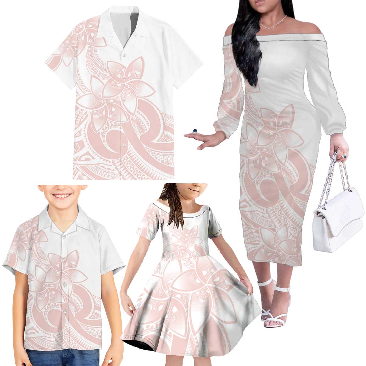 Polynesian Tribal Plumeria Lotu Tamaiti Family Matching Off The Shoulder Long Sleeve Dress and Hawaiian Shirt Pastel Blush LT9 - Polynesian Pride
