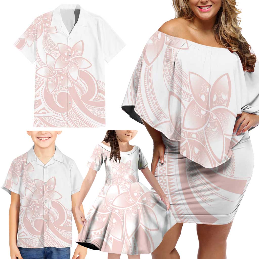 Polynesian Tribal Plumeria Lotu Tamaiti Family Matching Off Shoulder Short Dress and Hawaiian Shirt Pastel Blush LT9 - Polynesian Pride