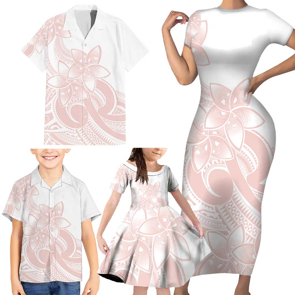 Polynesian Tribal Plumeria Lotu Tamaiti Family Matching Short Sleeve Bodycon Dress and Hawaiian Shirt Pastel Blush LT9 - Polynesian Pride