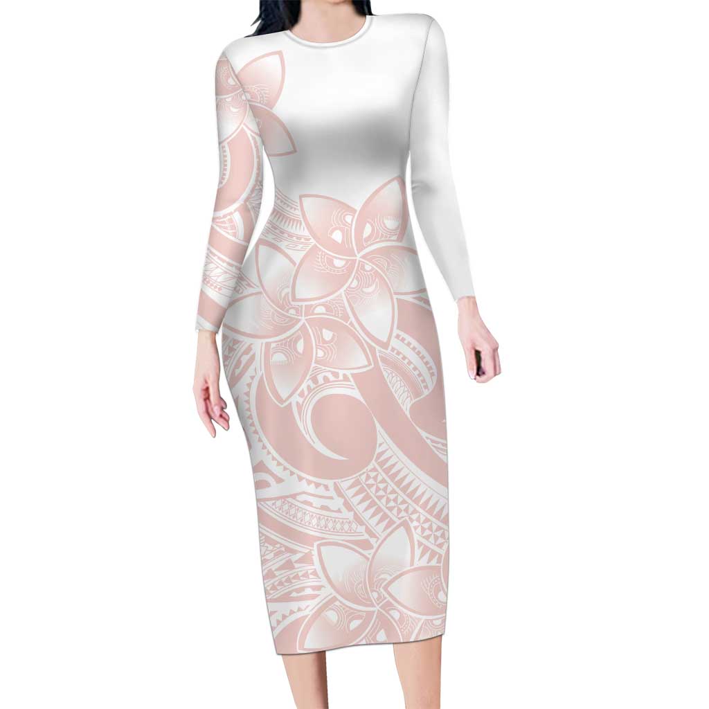 Polynesian Tribal Plumeria Lotu Tamaiti Long Sleeve Bodycon Dress Pastel Blush LT9 Long Dress Blush - Polynesian Pride