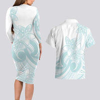 Polynesian Tribal Plumeria Lotu Tamaiti Couples Matching Long Sleeve Bodycon Dress and Hawaiian Shirt Pastel Cyan LT9 - Polynesian Pride