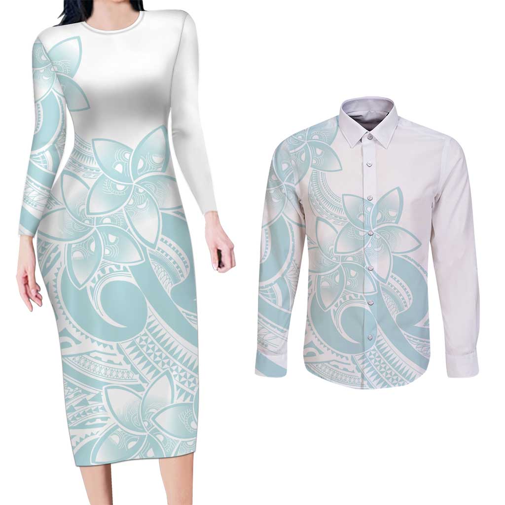 Polynesian Tribal Plumeria Lotu Tamaiti Couples Matching Long Sleeve Bodycon Dress and Long Sleeve Button Shirt Pastel Cyan LT9 Cyan - Polynesian Pride