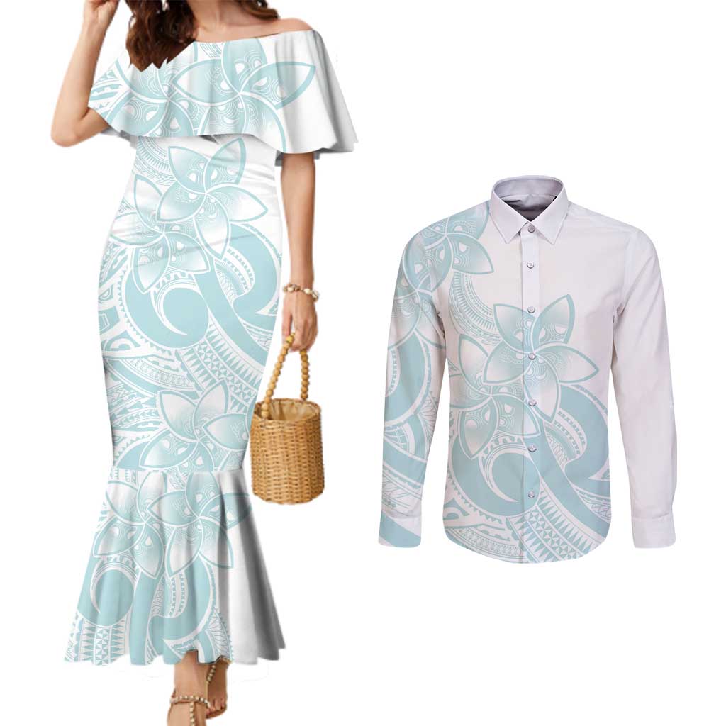 Polynesian Tribal Plumeria Lotu Tamaiti Couples Matching Mermaid Dress and Long Sleeve Button Shirt Pastel Cyan LT9 Cyan - Polynesian Pride