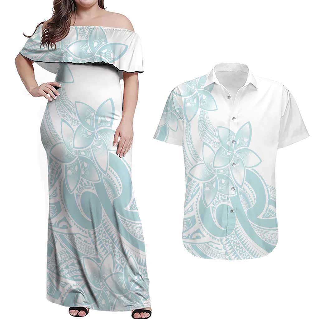 Polynesian Tribal Plumeria Lotu Tamaiti Couples Matching Off Shoulder Maxi Dress and Hawaiian Shirt Pastel Cyan LT9 Cyan - Polynesian Pride